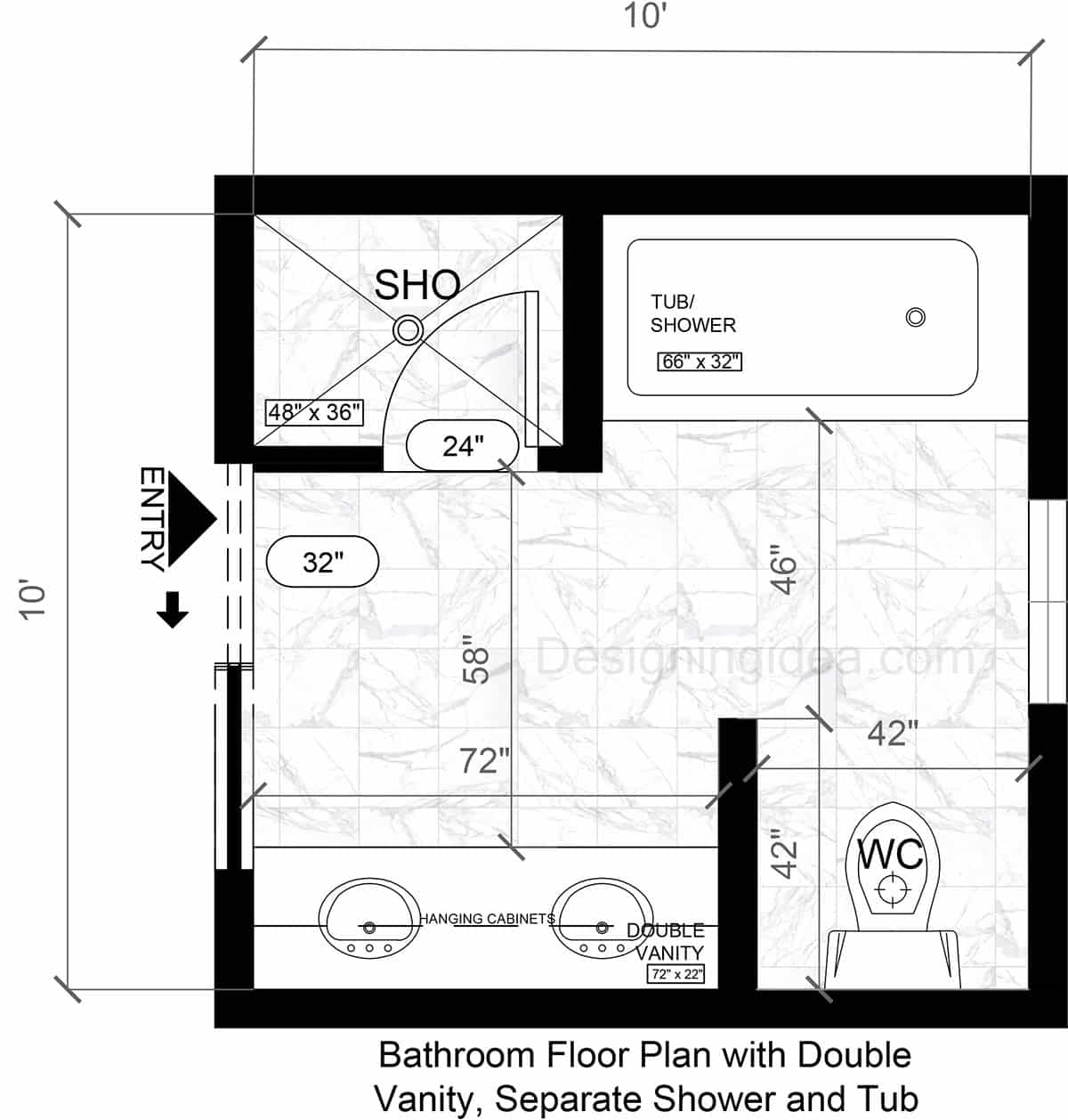 Bathroom Floor Plan With Double Vanity, Separate Shower & Tub