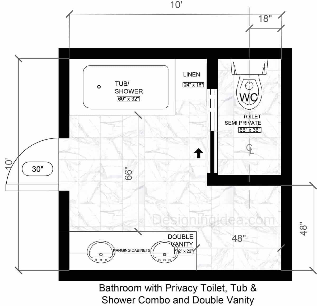 Bathroom Floor Plan With Privacy Toilet, Tub & Shower, And Double Vanity