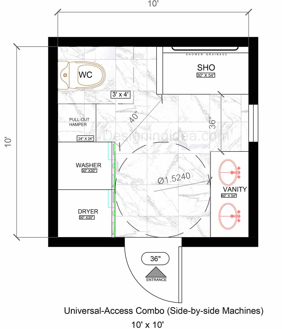 10×10 Universal-Access Bathroom And Laundry Combo With Side-by-Side Machines