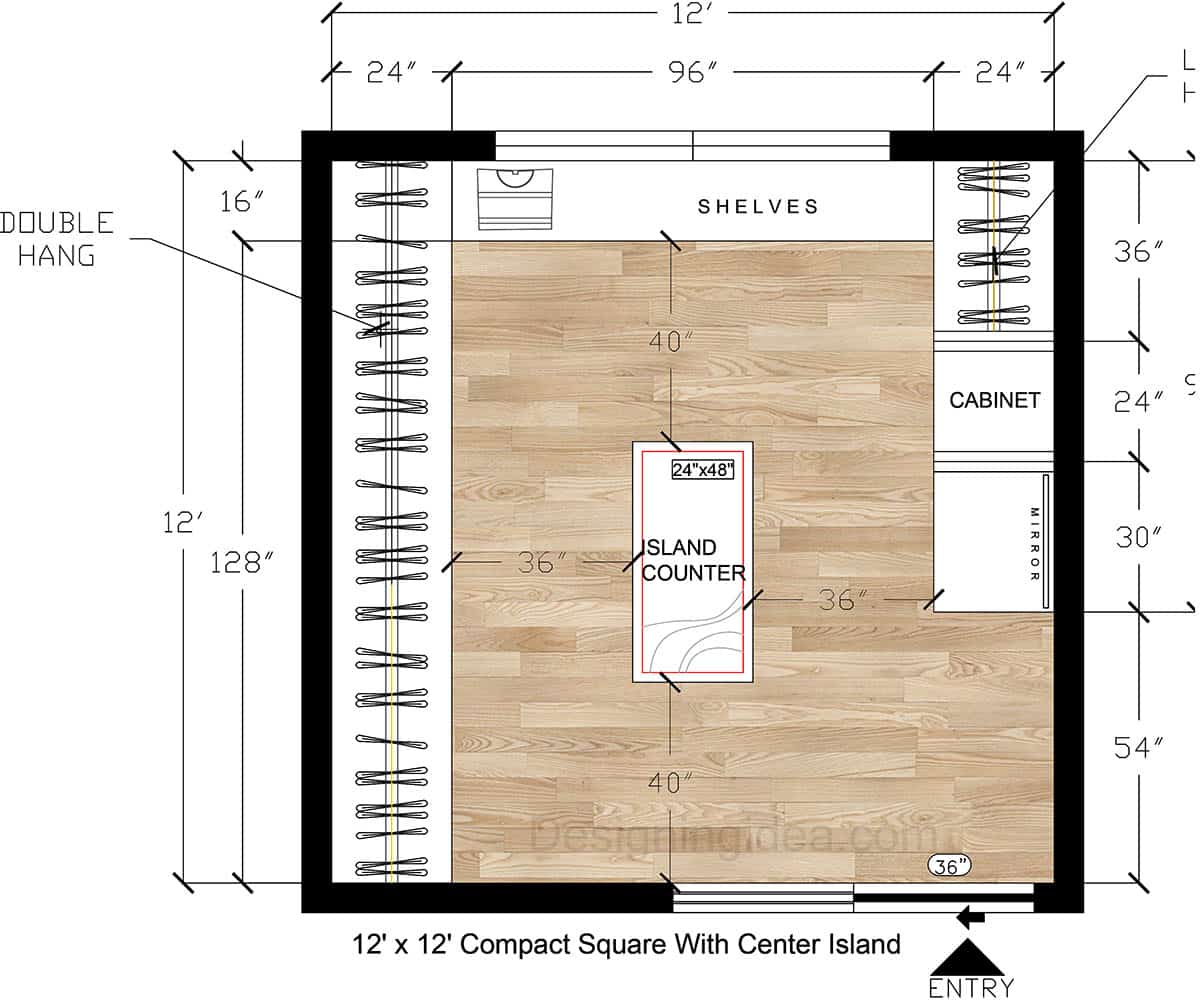 12×12 Compact Square Closet Layout With Center Island
