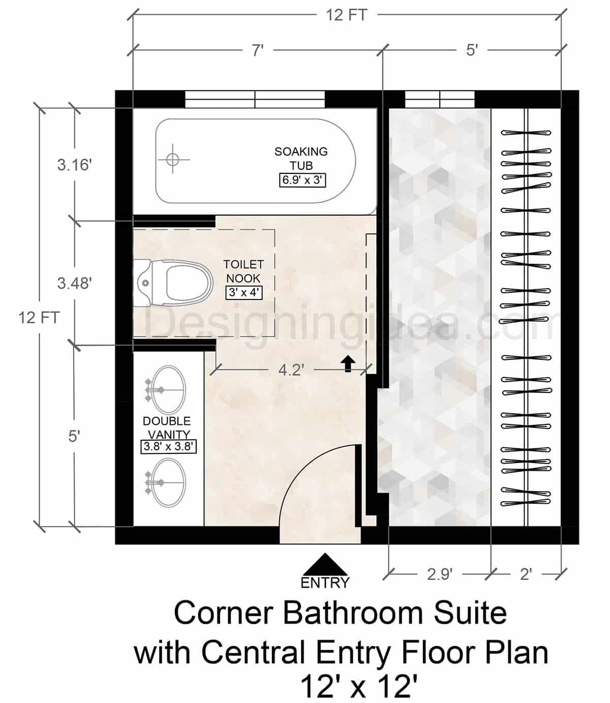 12x12 corner bathroom suite with closet access floor plan