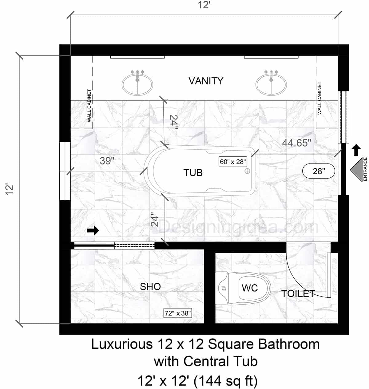 12x12 Luxurious Square Bathroom with Central Tub Floor Plan
