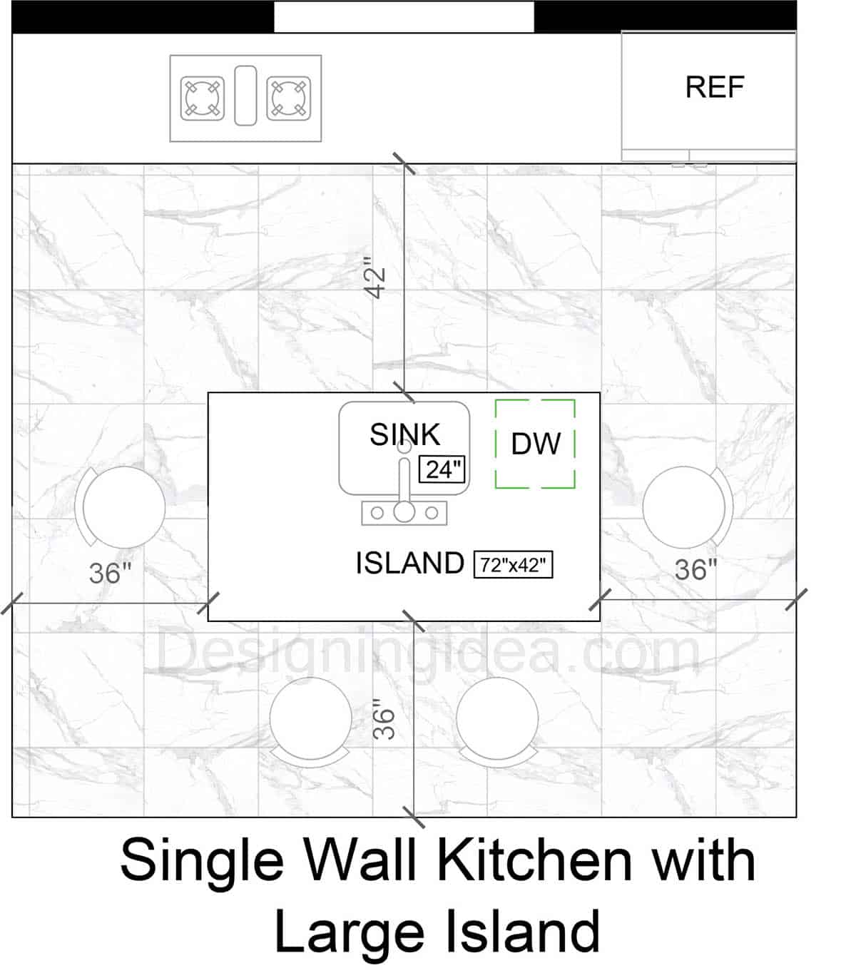 Single Wall Kitchen with Large Dining Island Floor Plan