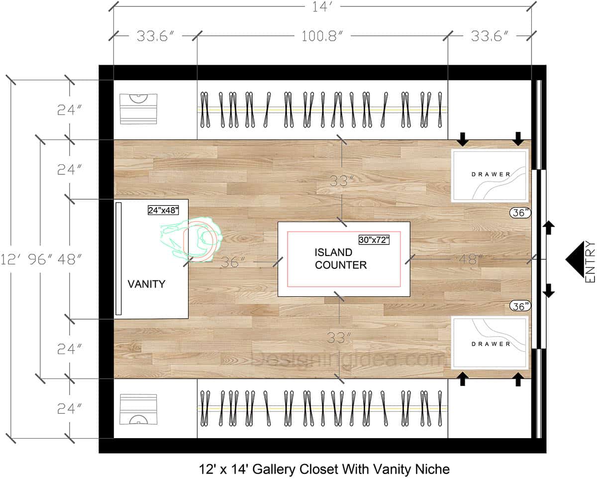 12×14 Gallery Closet Floor Plan With Vanity Niche