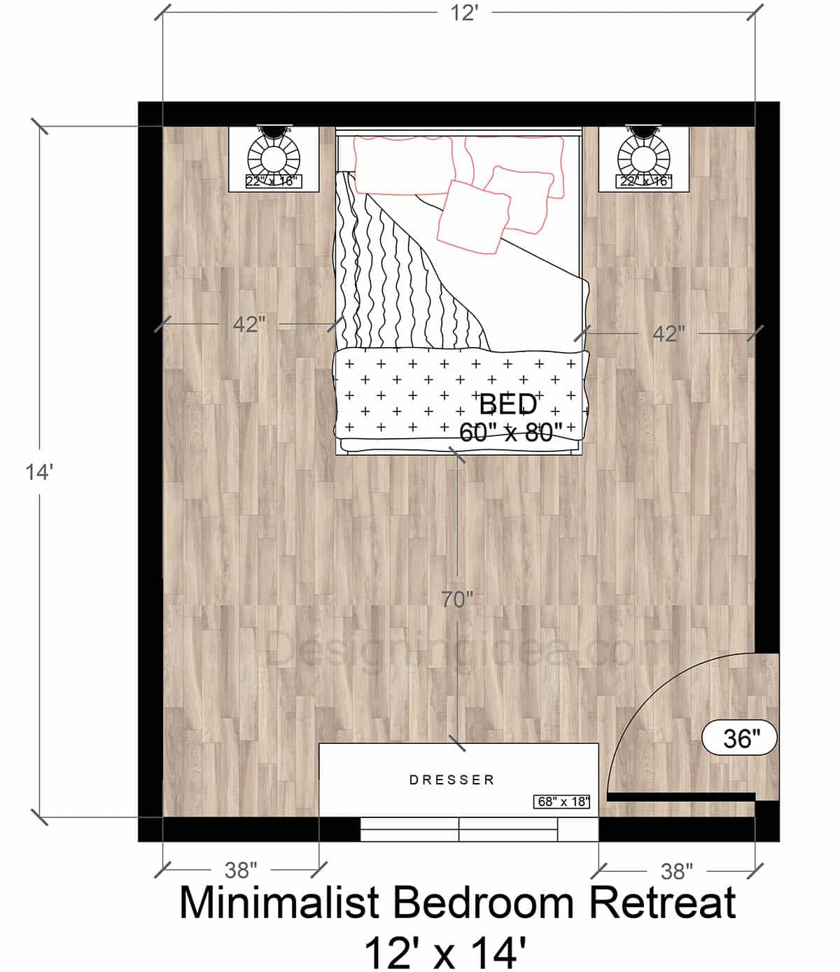 12x14 Minimalist Bedroom Retreat With Centered Bed Layout