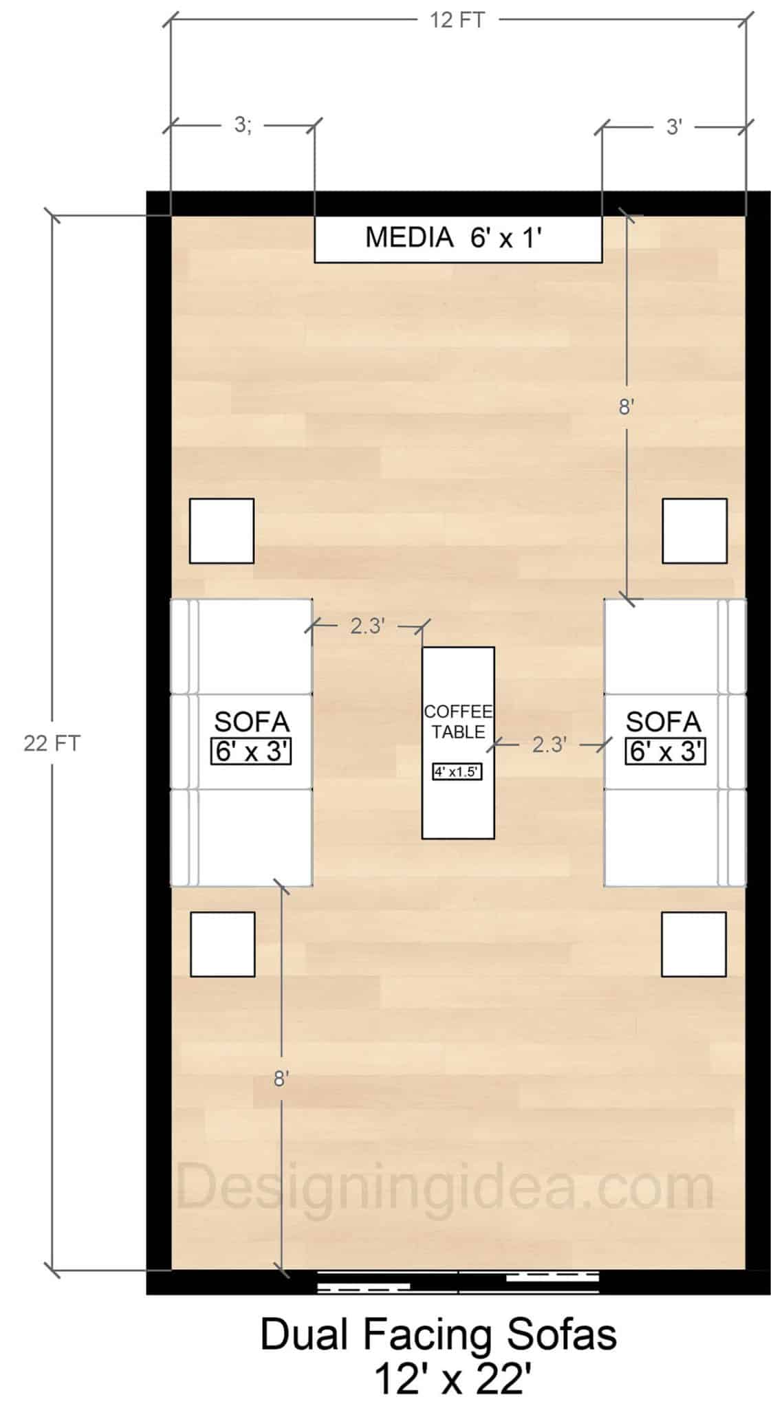 12x22 Living Area Layout With Dual Facing Sofas