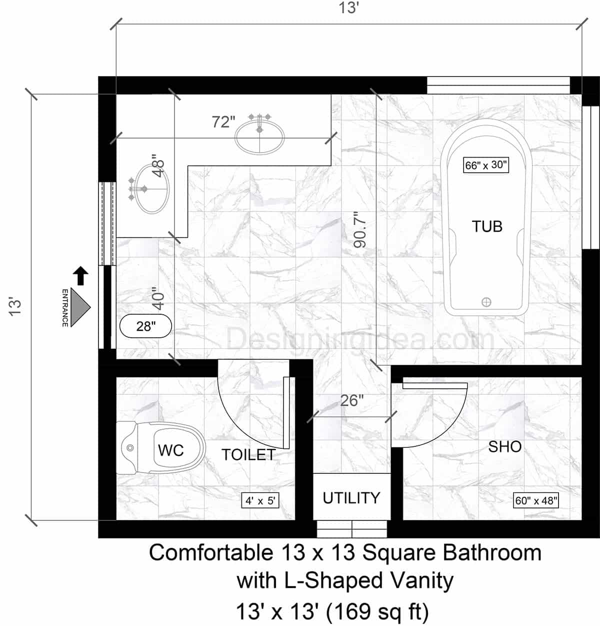 13x13 Comfortable Bathroom with L-Shaped Vanity Layout