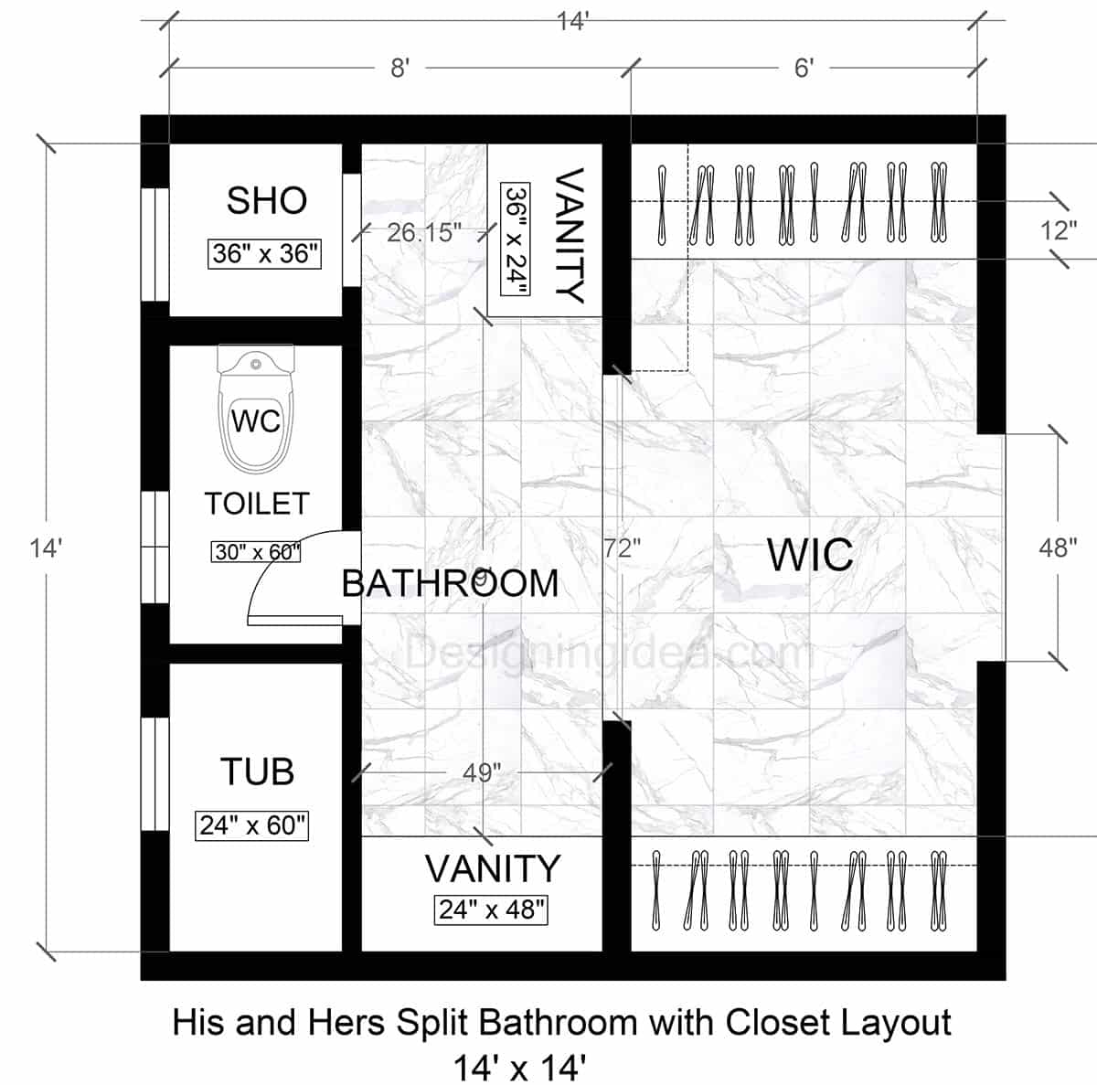 His & Hers Split Bathroom With Closet Layout