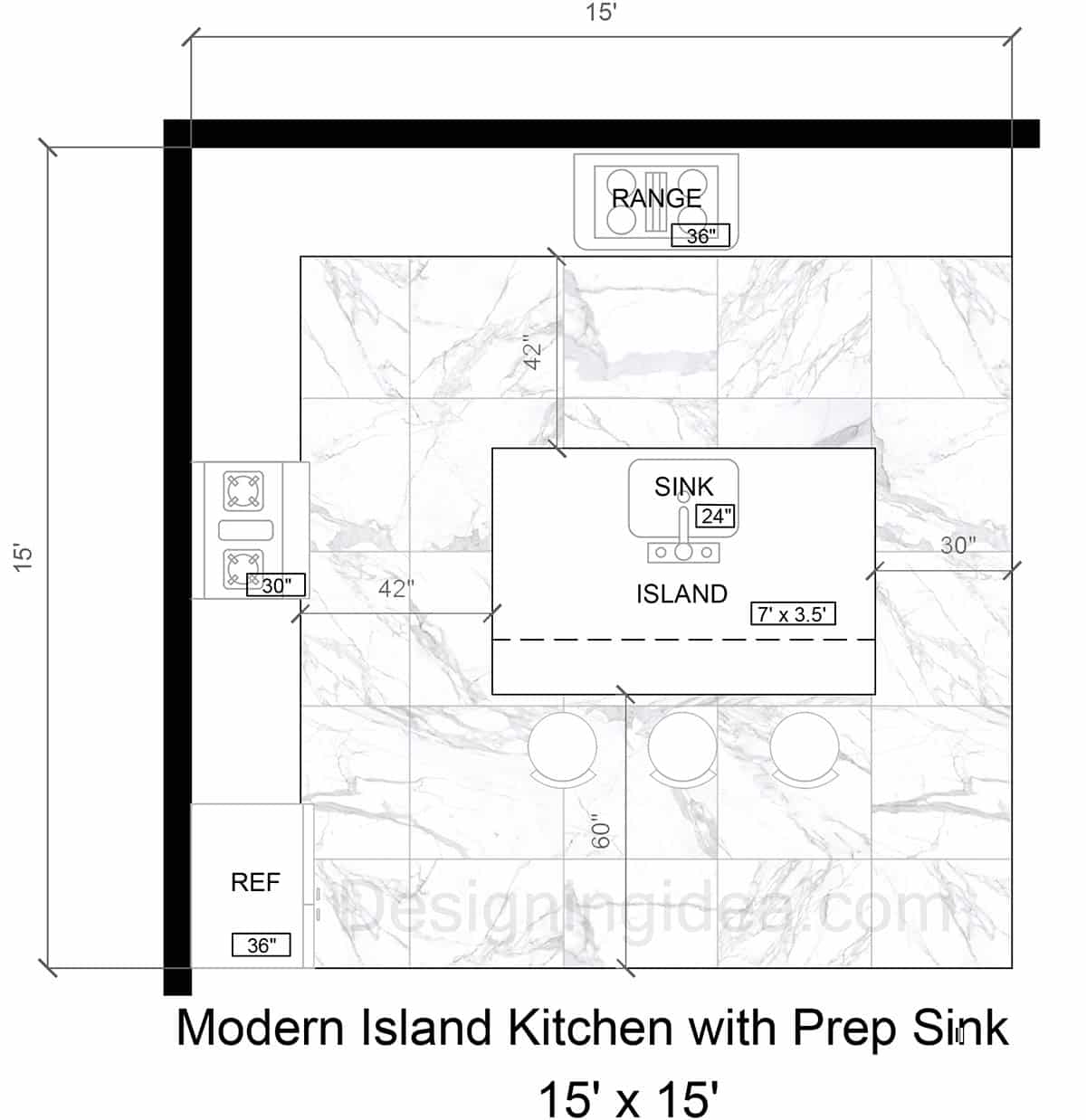 15x15 Modern Island Kitchen With Prep Sink Floor Plan