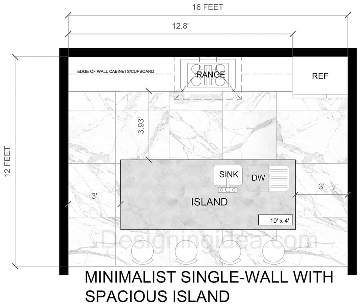 Minimalist Single-Wall Open Kitchen with Spacious Island Design