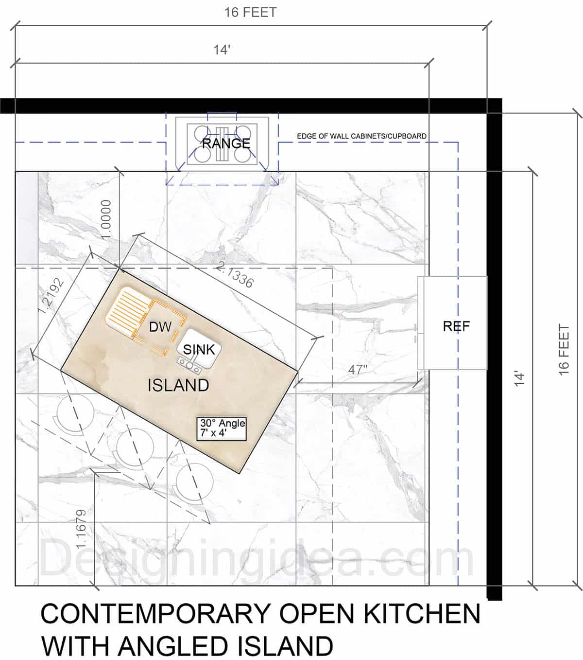 Contemporary Open Kitchen with Angled Island Floor Plan