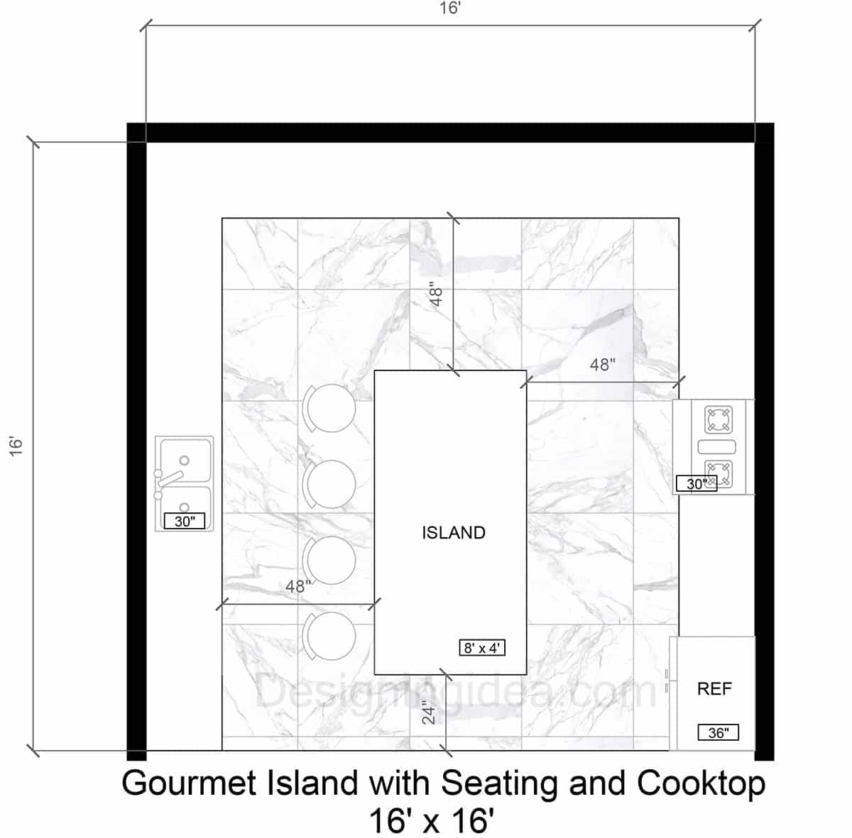 16x16 Gourmet Kitchen With Large Island, Seating and Cooktop