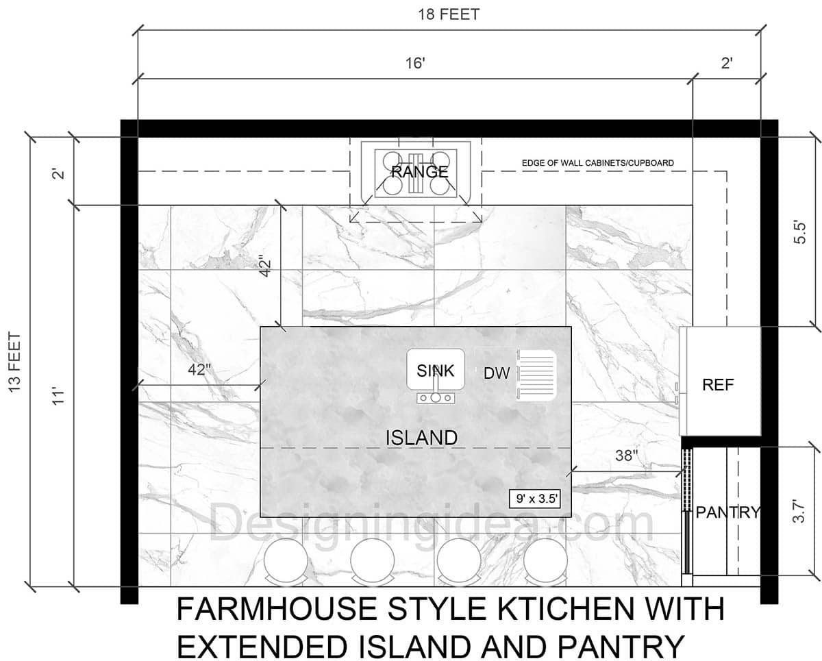 Farmhouse Style Kitchen with Extended Island and Pantry Layout