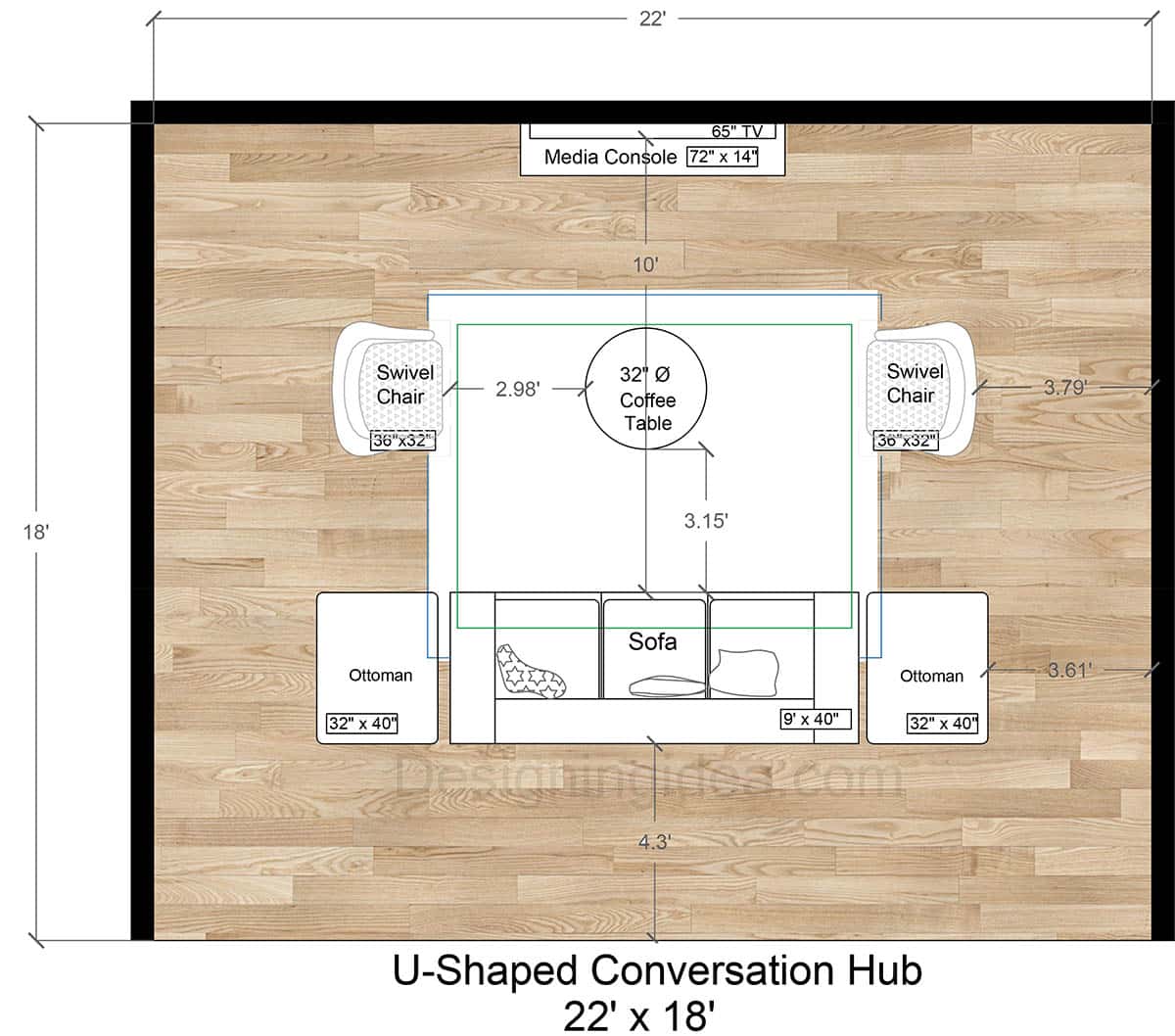 18x22 U-Shaped Conversation Hub With Wall-Mounted TV