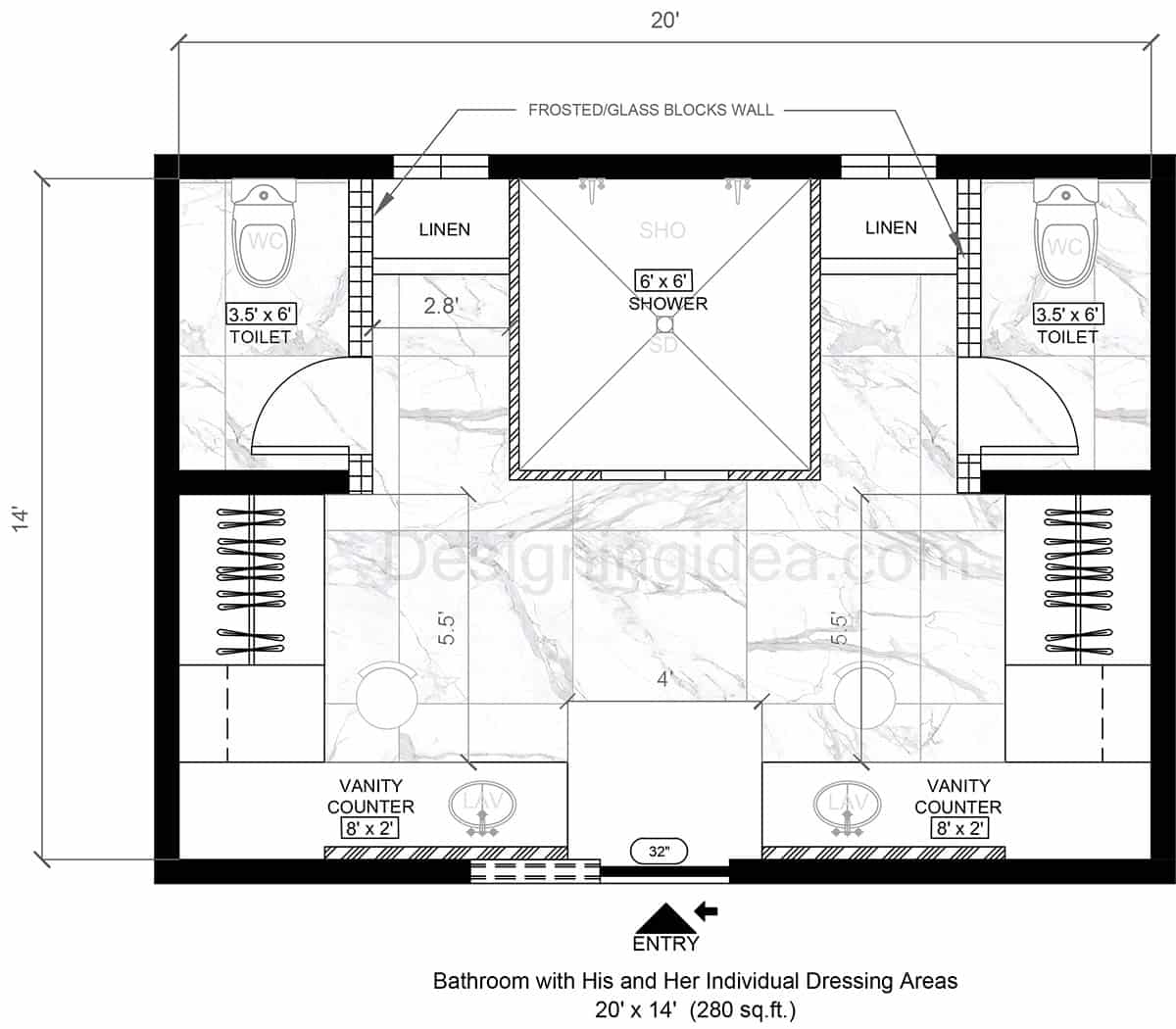 Bathroom With His-and-Her Individual Dressing Areas