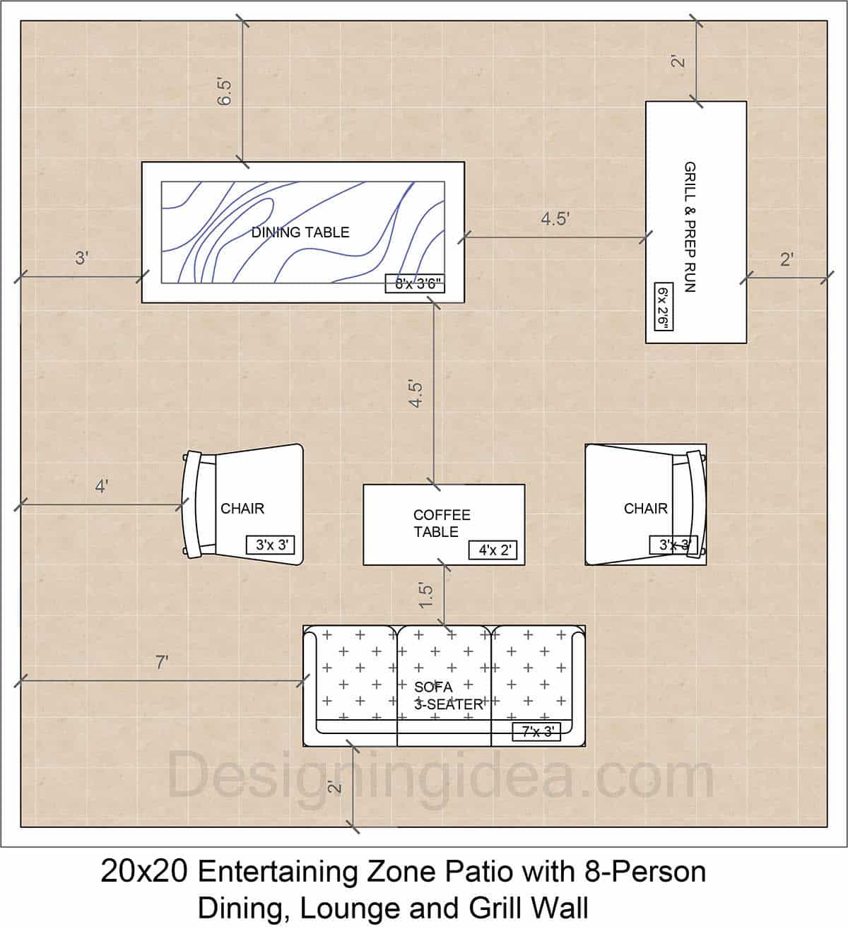 Entertaining Zone Patio With 8-Person Dining, Lounge, And Grill Wall