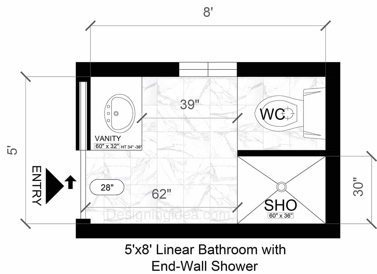 5×8 Linear Bathroom with End-Wall Shower Layout