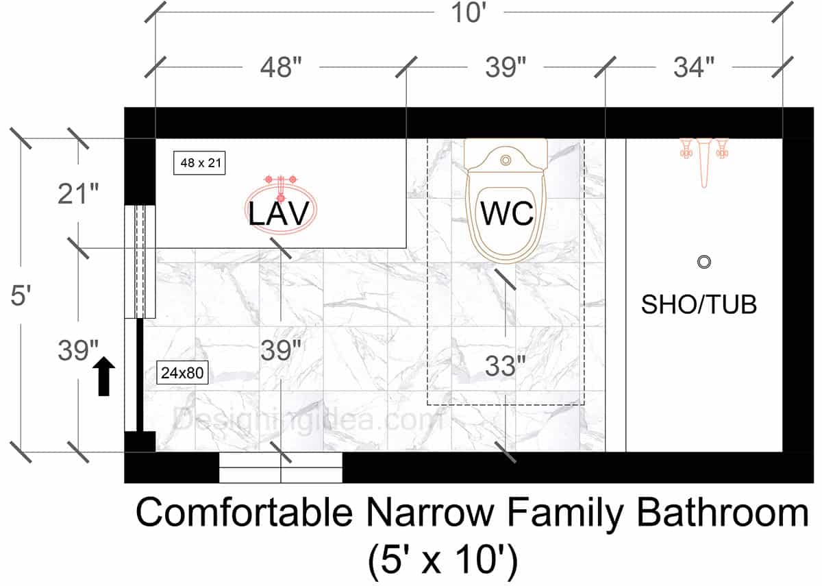 5x10 comfortable narrow family bathroom