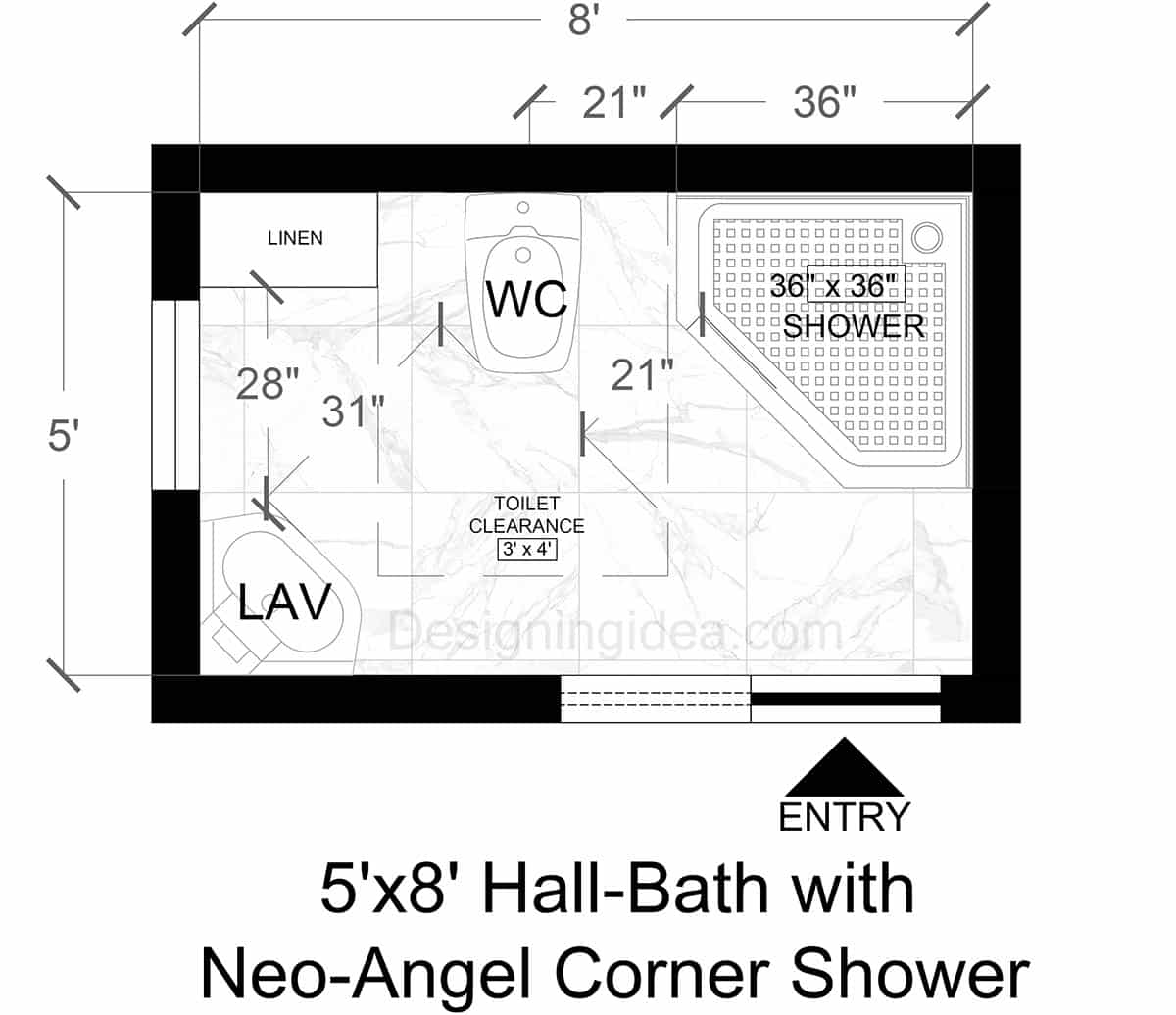 5×8 Hall-Bath With Neo-Angle Corner Shower Layout