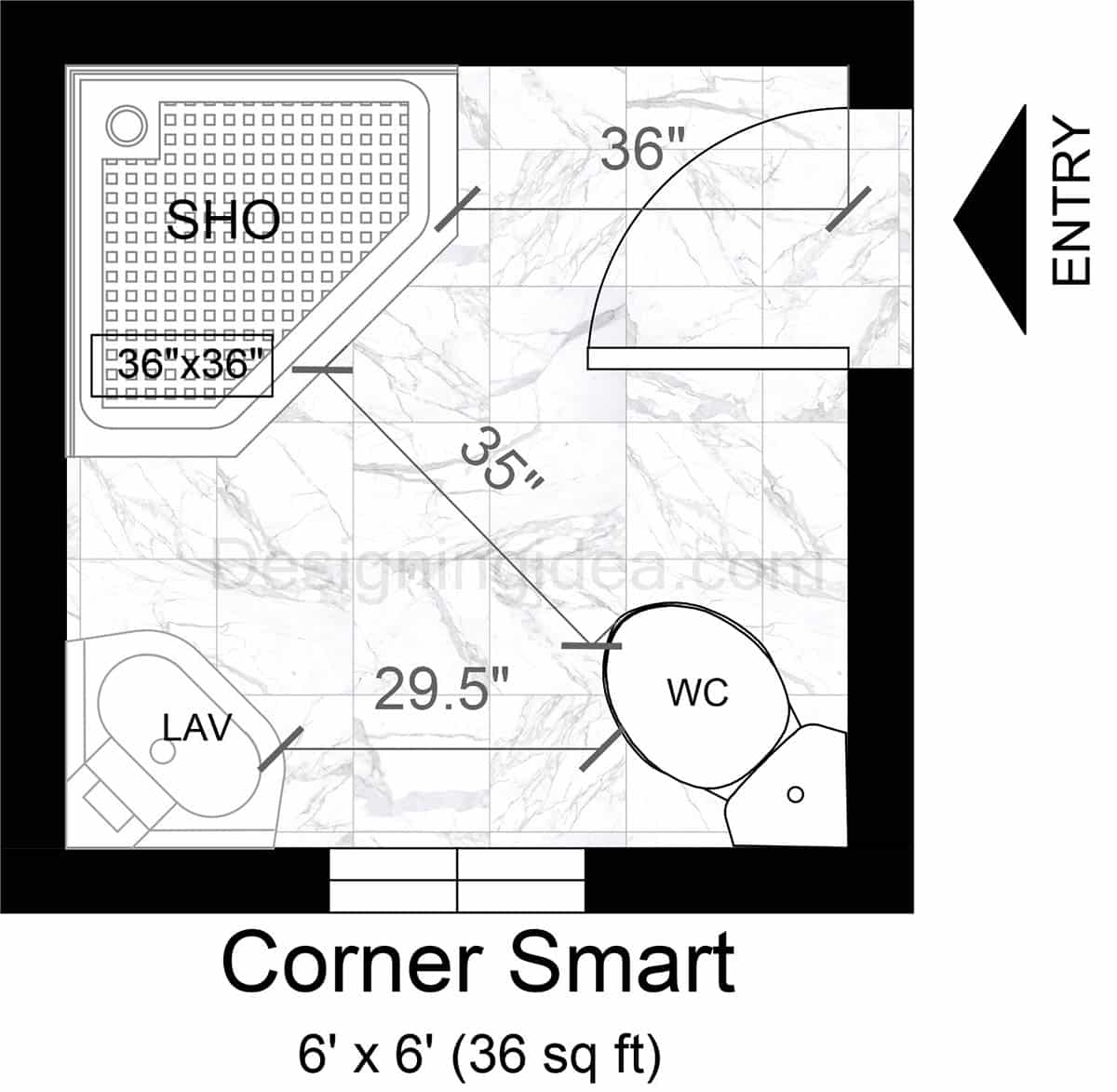 6x6 Bathroom With Smart Corner Fixture Layout