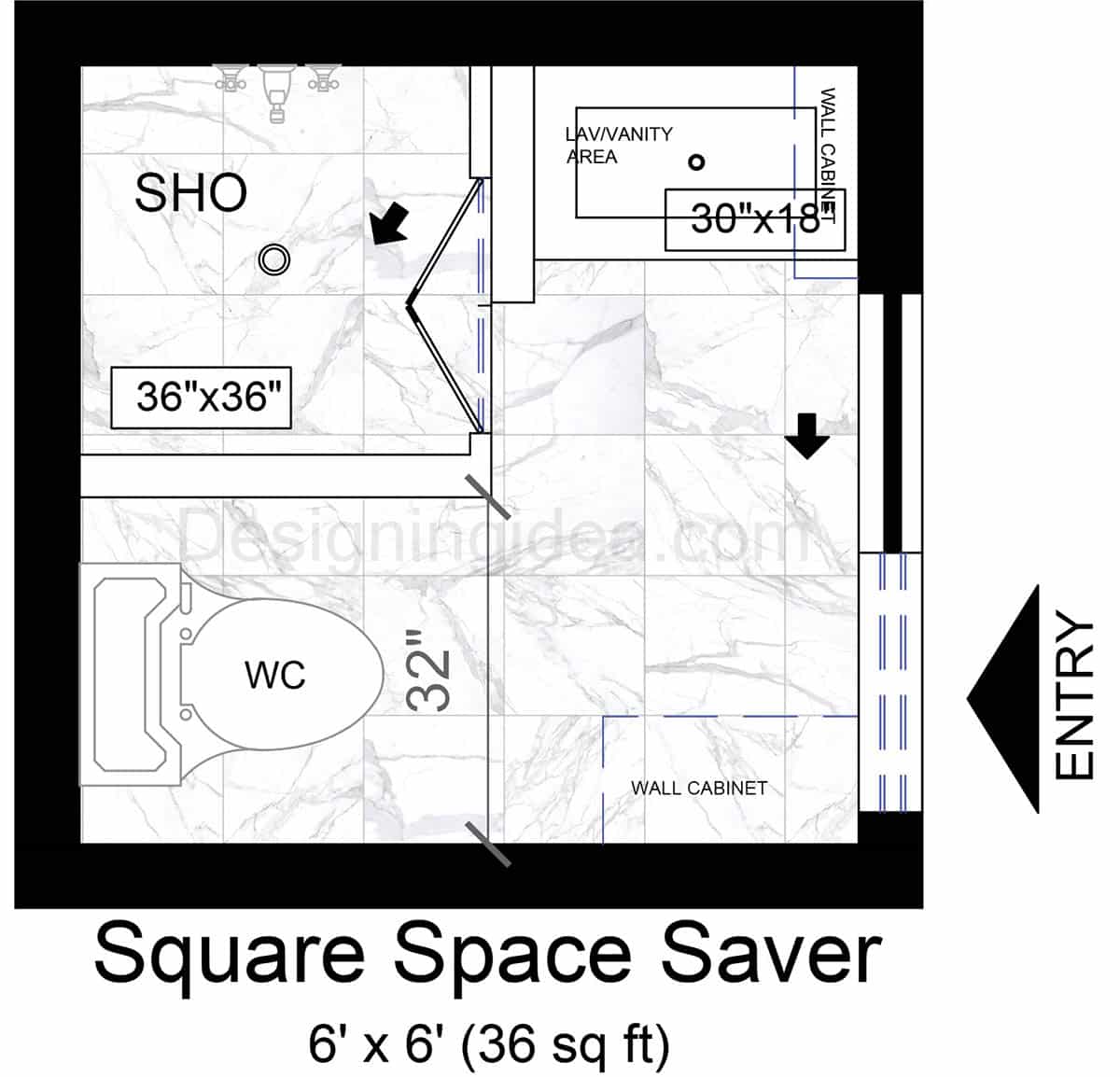 6x6 Square Space Saver Bathroom Floor Plan