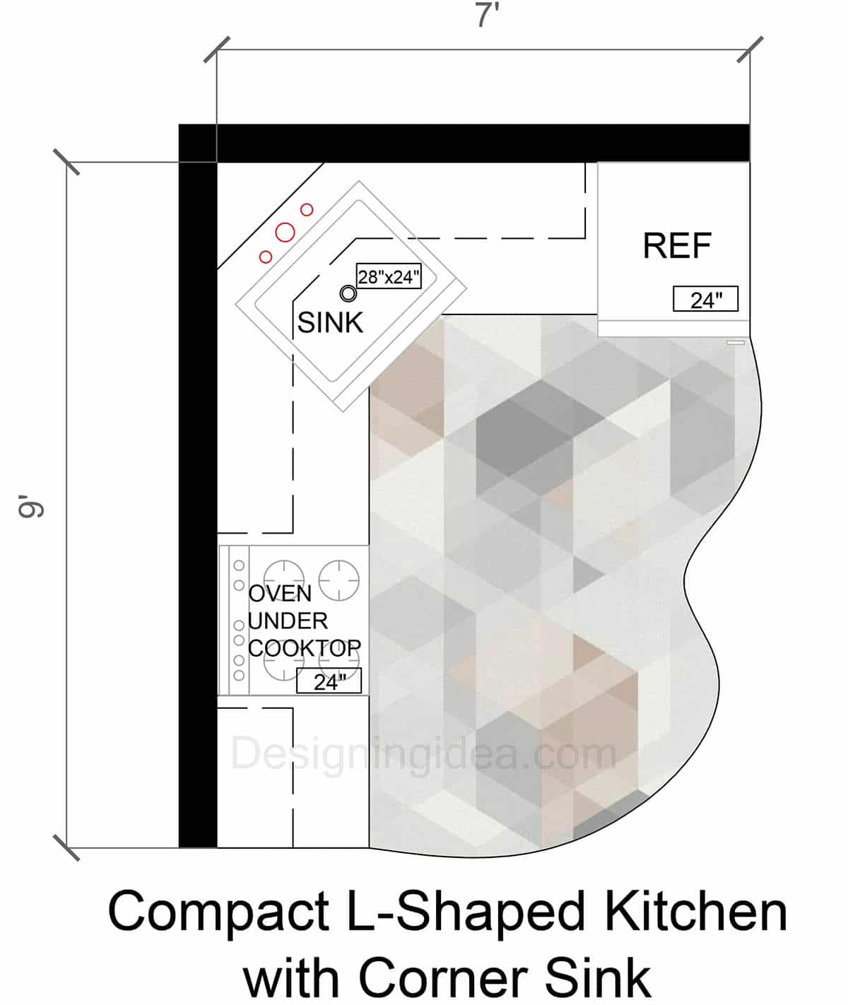 7x9 Compact L-Shaped Kitchen with Corner Sink Layout