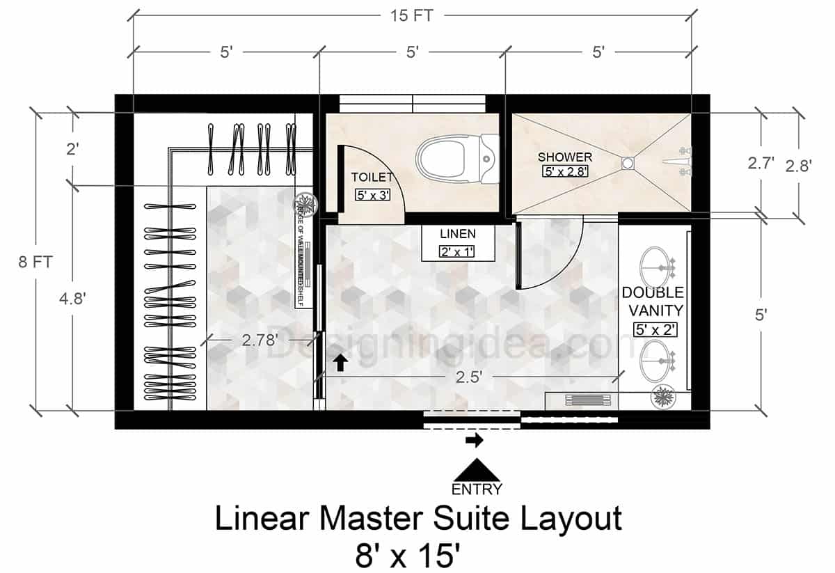 8x15 linear master suite layout with walk in closet