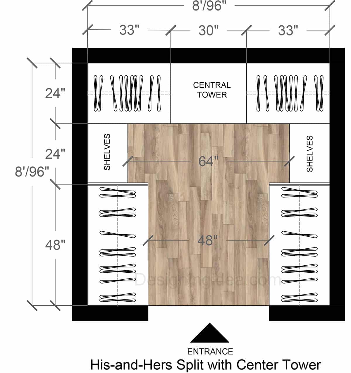 His-and-Hers Split Closet With Center Tower Floor Plan