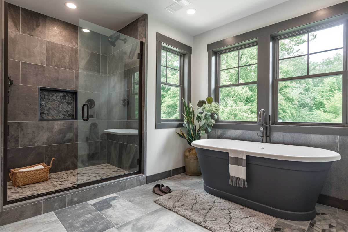 bathroom with dark tiles in shower