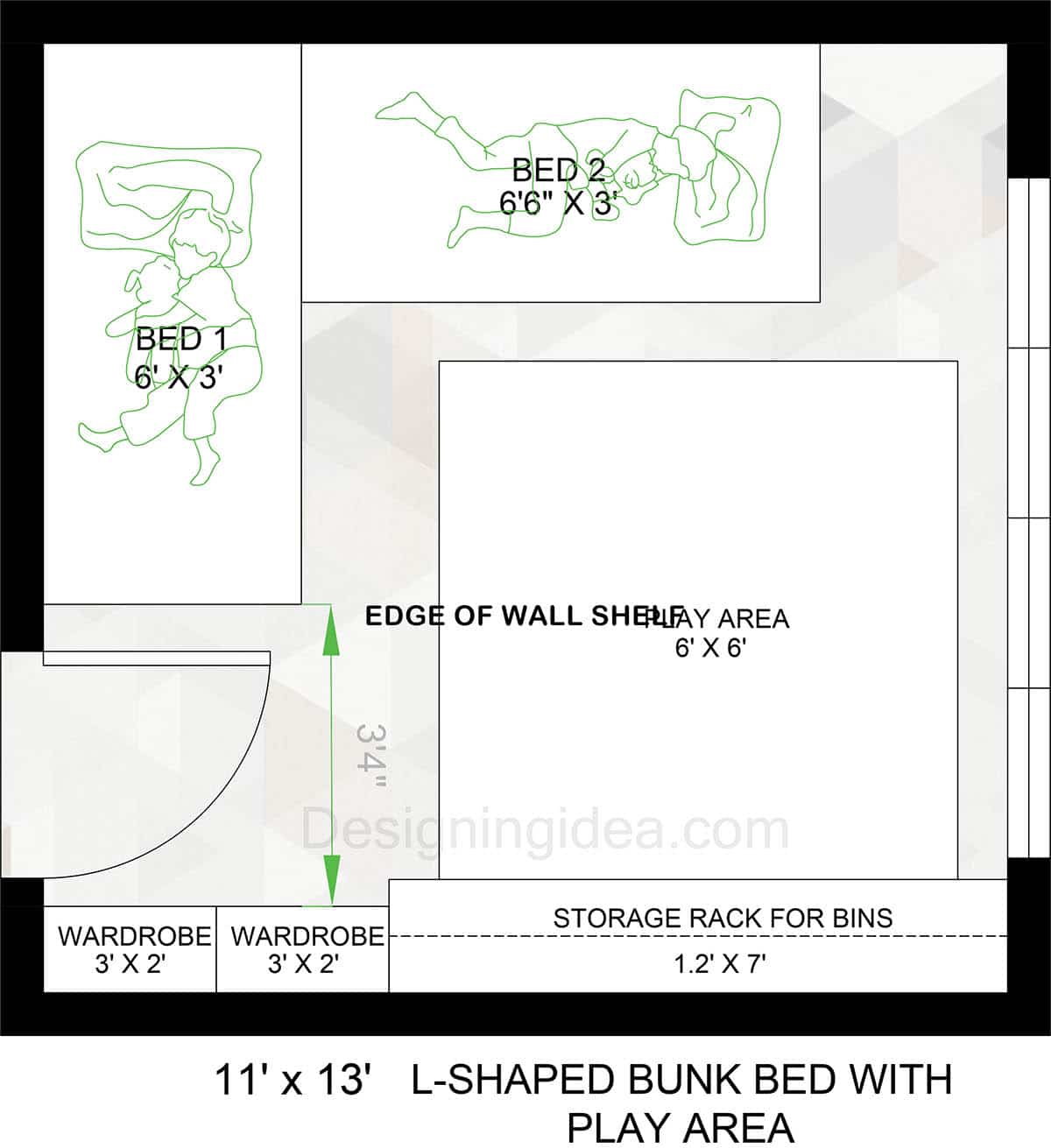 Bedroom With L-Shaped Bunk Bed And Play Area