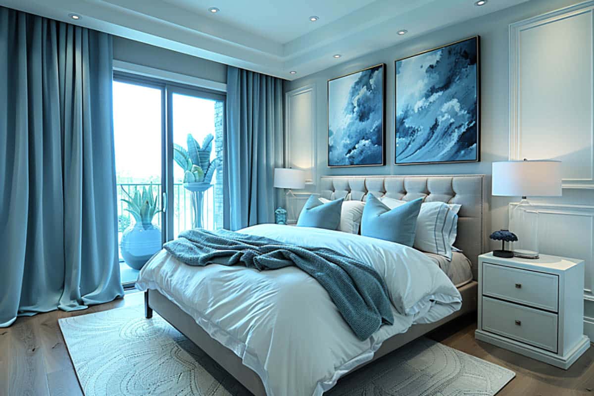 Bedroom with relaxing blue curtains, artwork and pillows