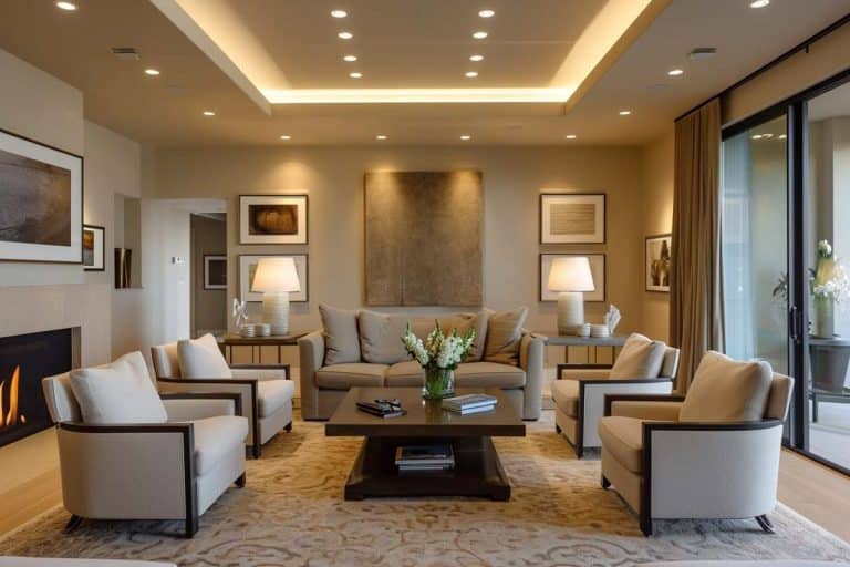 beige contemporary living room with table and chairs