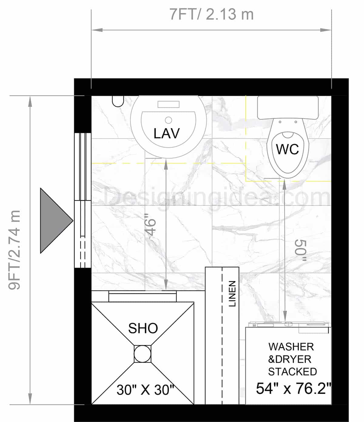 Compact “T” Configuration Bathroom And Laundry Room Layout
