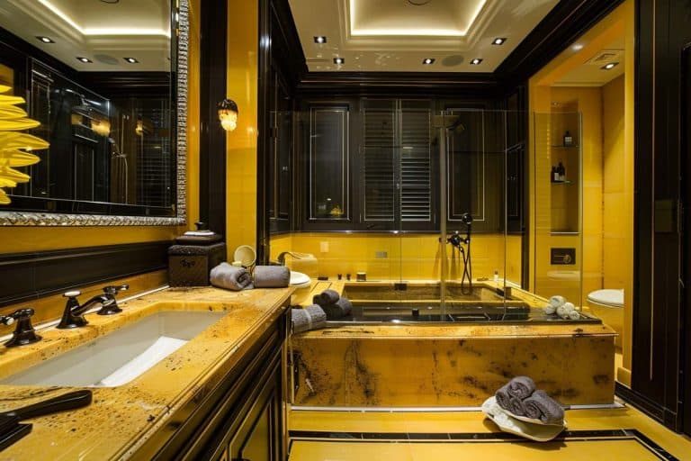 dark yellow bathroom with vanity area