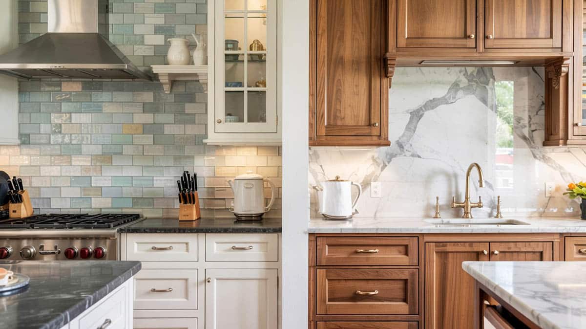 Kitchen comparison with aqua glass tile and marble slab backsplash