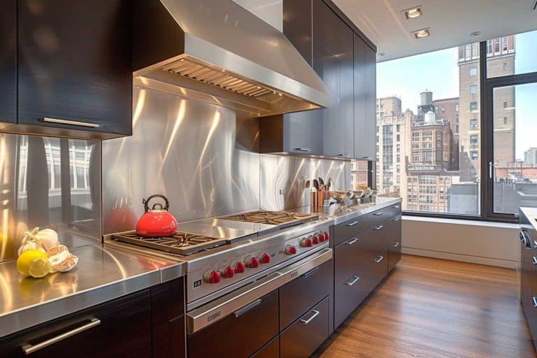 kitchen with backsplash panels and wood floors