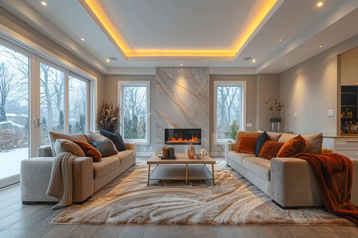 Living room with lighted cove ceiling and porcelain tile fireplace