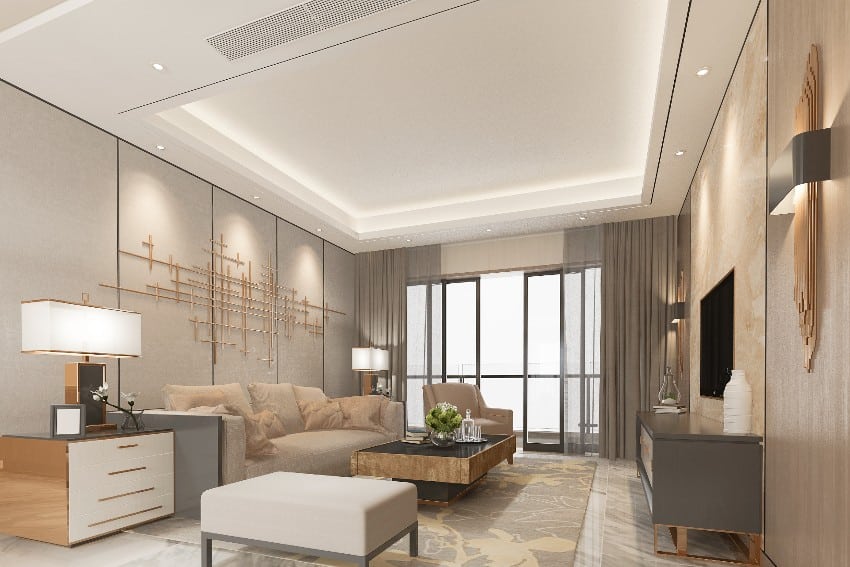 Modern dining room and living space with decor and sconce lighting