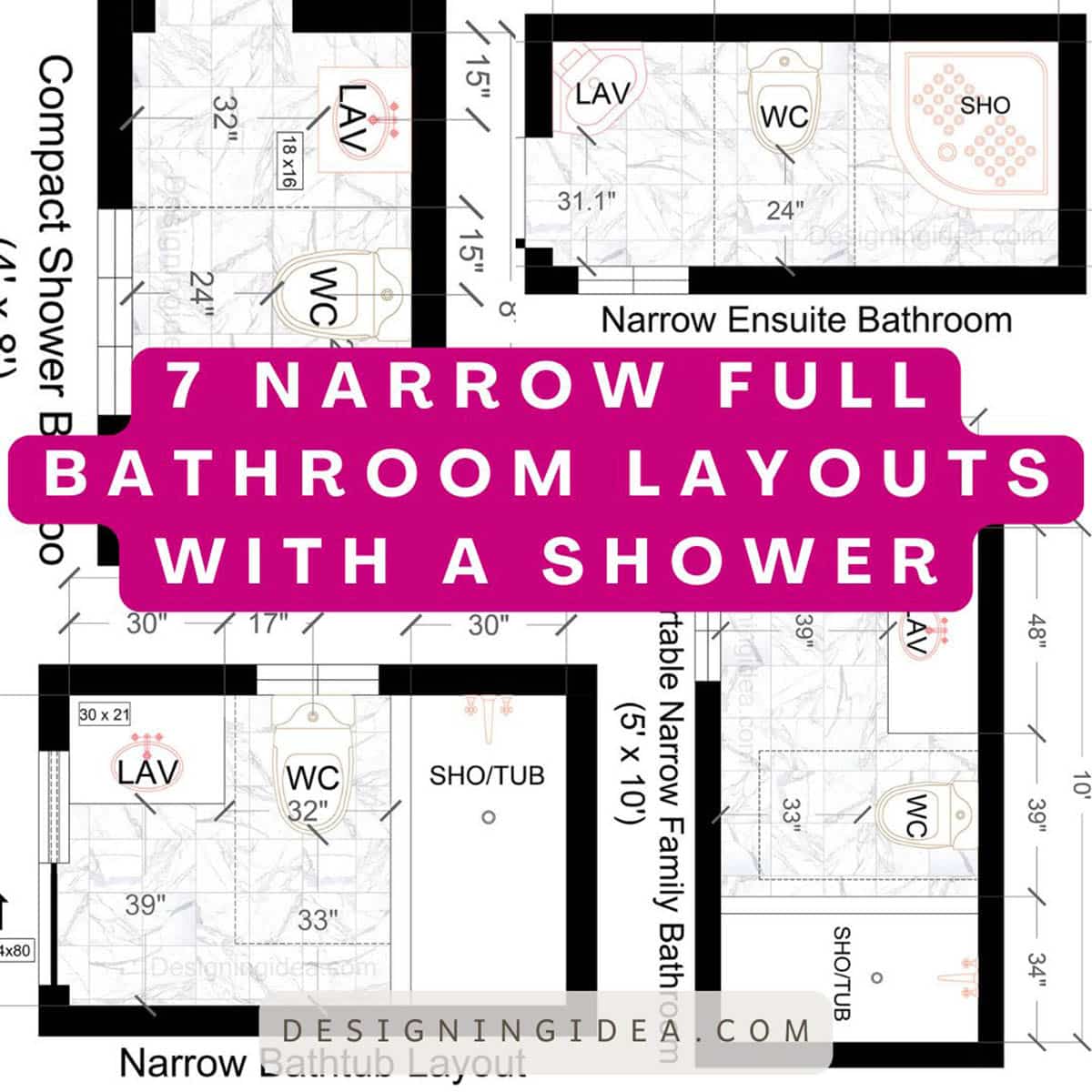 Narrow full bathroom layout