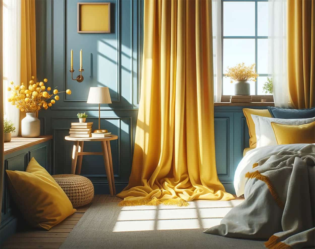 Yellow curtains against dark aqua blue walls