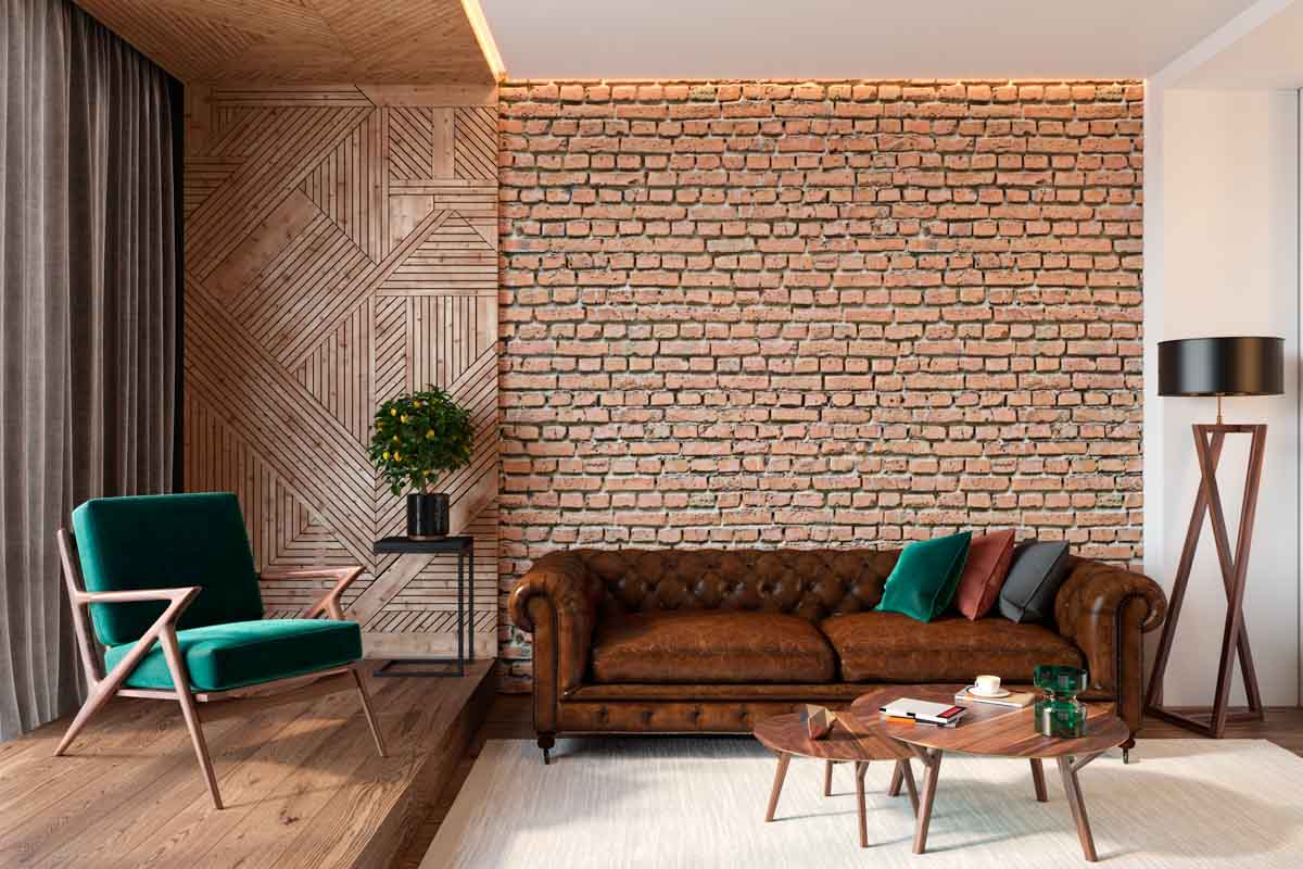 rustic living room with brick wall sofa and chair