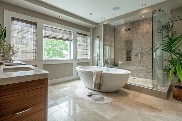 spa bathroom with tub shower and indoor plants