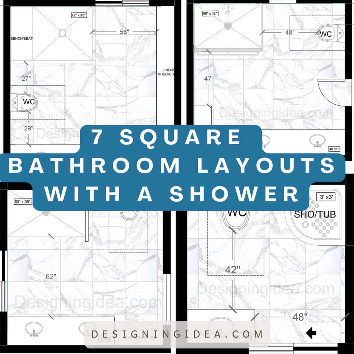 Square bathroom layouts with a shower