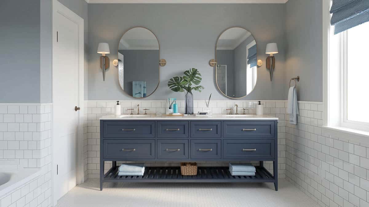 Stylish bathroom with light gray color walls and navy blue double vanity